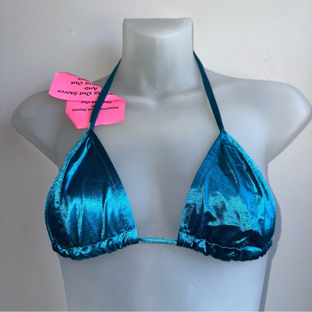 Womens 90S Y2K Dead Stock Sin-Sations Silky Blue Halter Bikini Top Sz M NWT